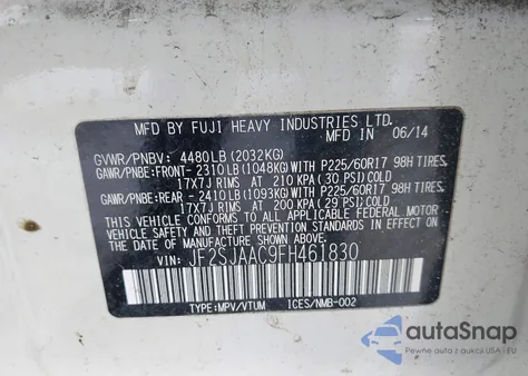 2015 Subaru Forester 2.5I из США, поврежденный, VIN JF2SJAAC9FH461830